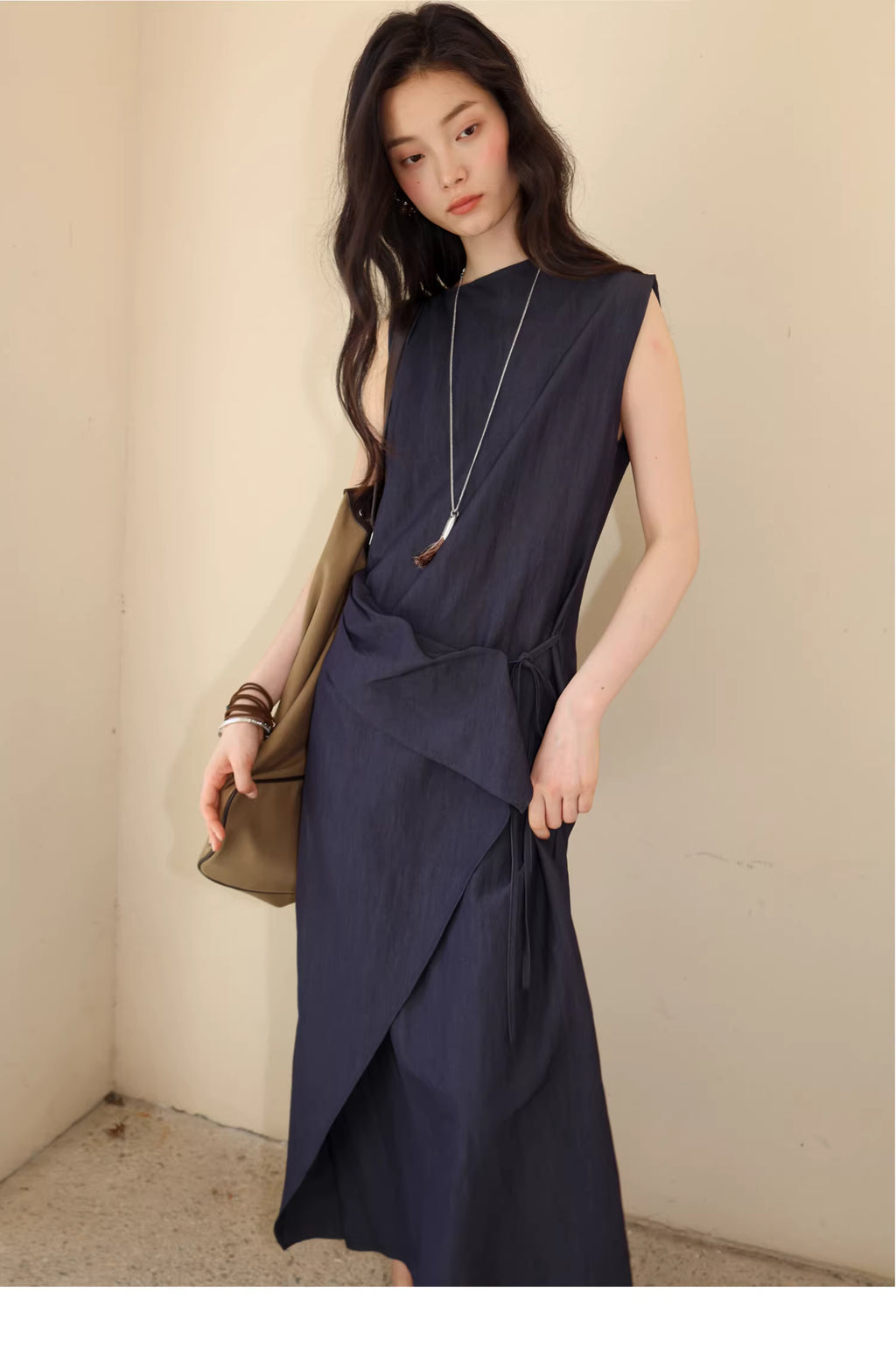 Sculptural Indigo Side-Tie Maxi Dress