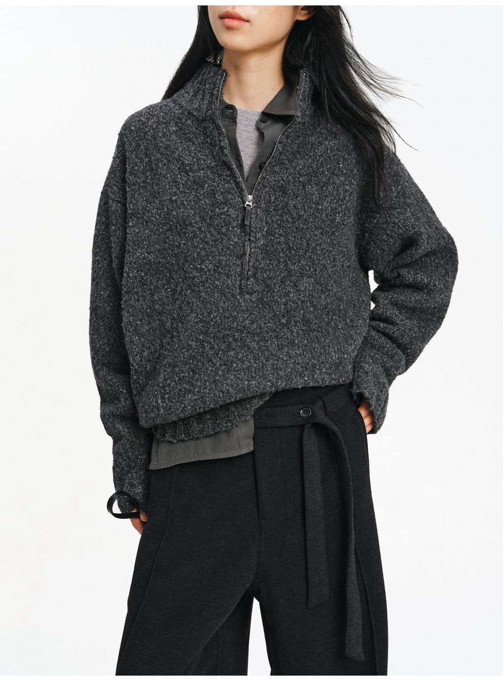 Textured Bouclé Half-Zip Knit – Charcoal