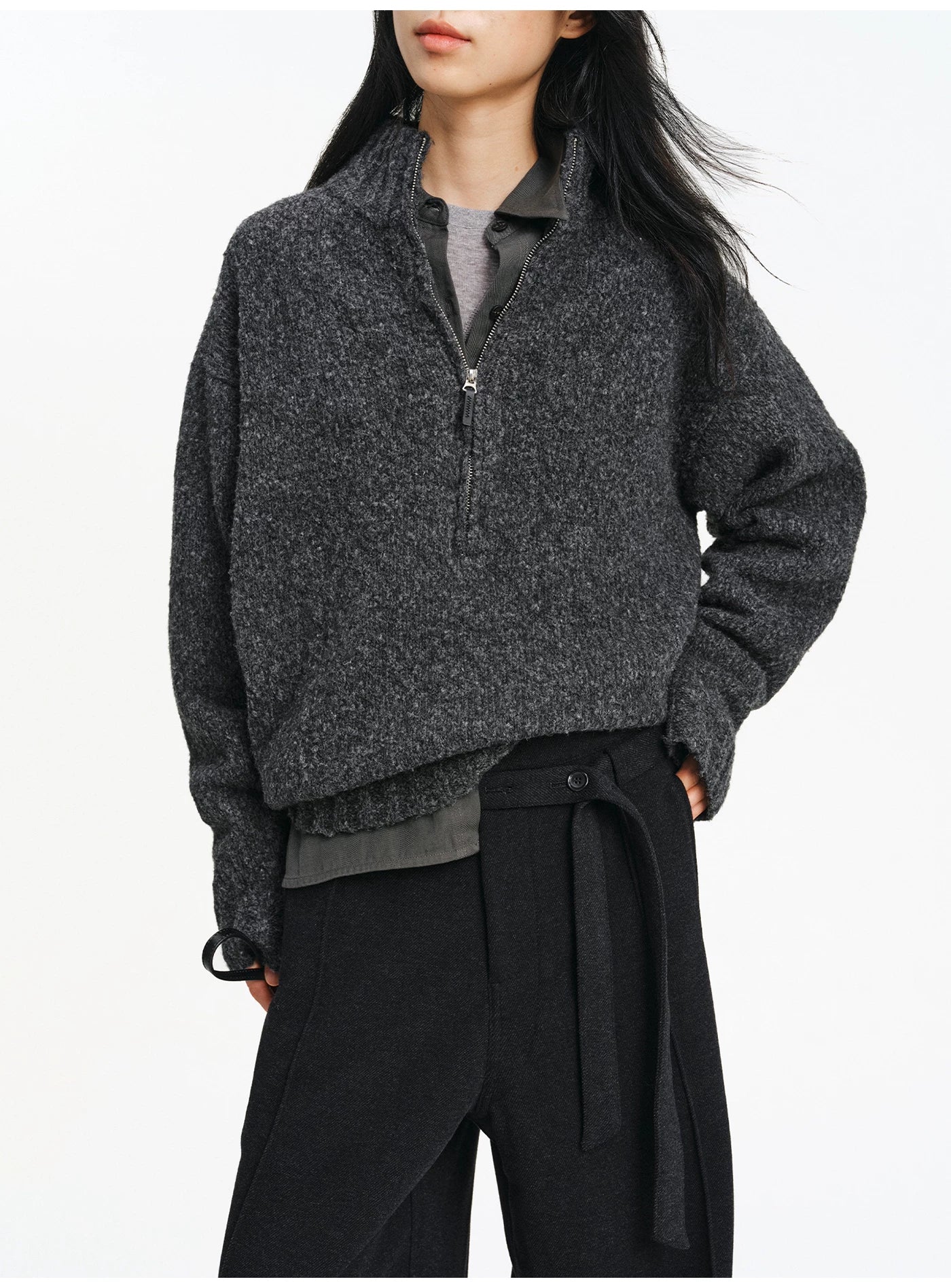 Textured Bouclé Half-Zip Knit – Charcoal
