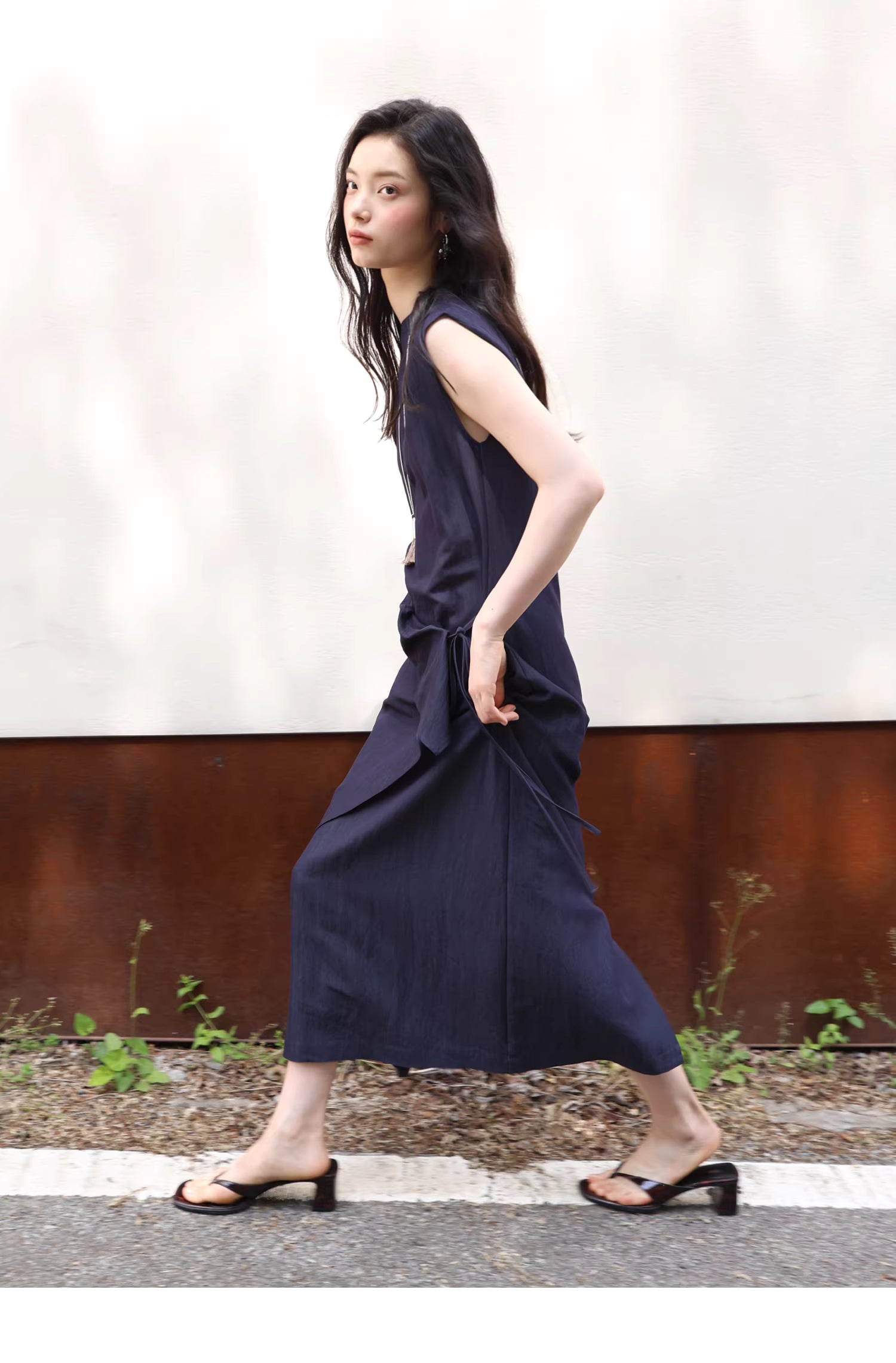 Sculptural Indigo Side-Tie Maxi Dress