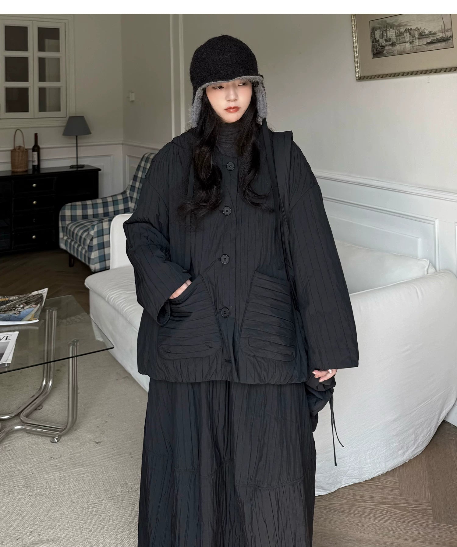 Crinkled Quilted Utility Jacket – Black
