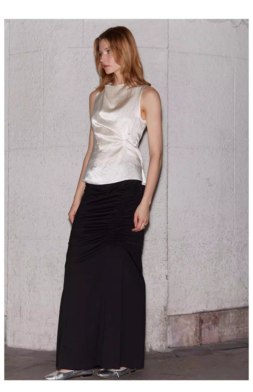 Crinkled Satin Cowl-Neck Top with Button-Back Detail