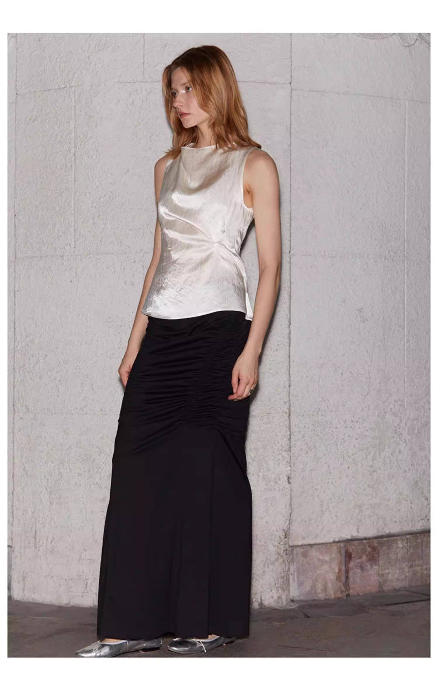 Crinkled Satin Cowl-Neck Top with Button-Back Detail