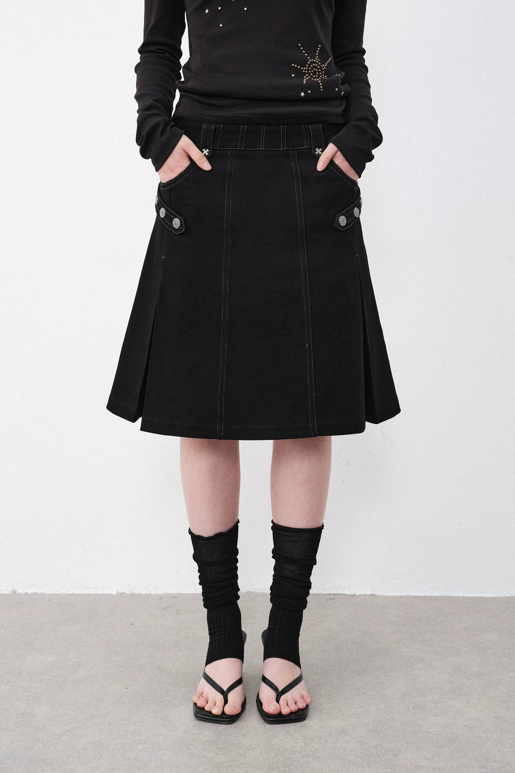 Silver Hardware Pleated Midi-Skirt