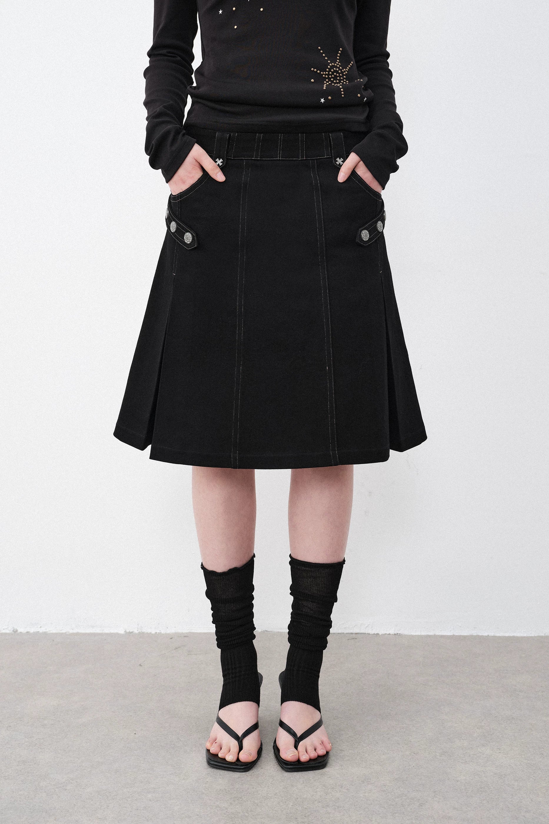 Silver Hardware Pleated Midi-Skirt