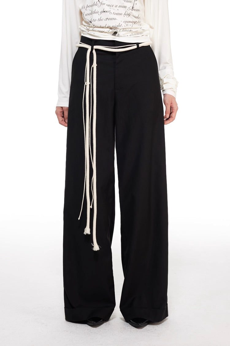 Wide-Leg Trousers with Cord Belt in Black Ink