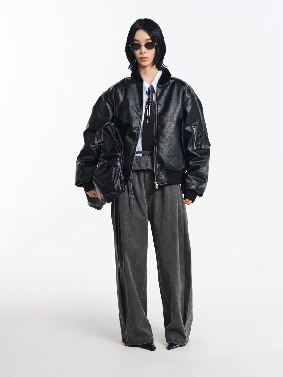 Deconstructed Wide-Leg Charcoal Trousers