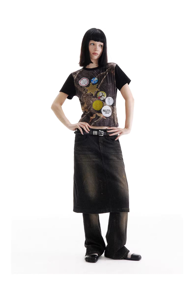 Shadow Wave Denim Skirt-Pant