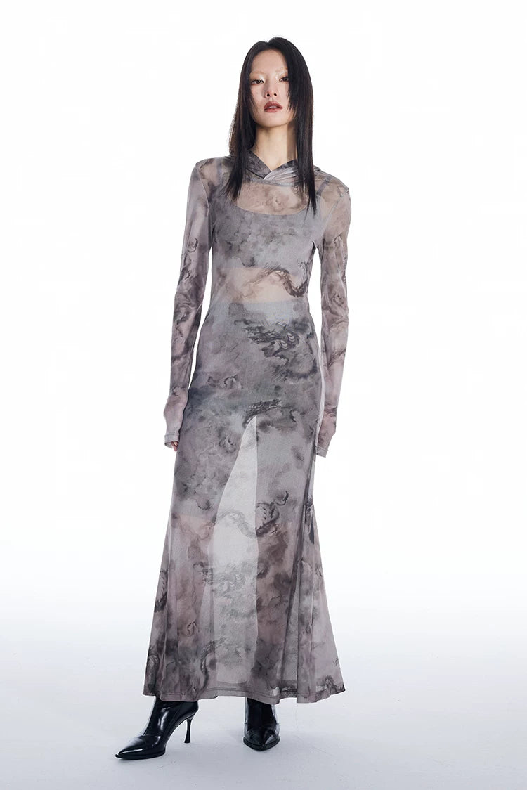 Dragon Veil Hooded Mesh Maxi Dress