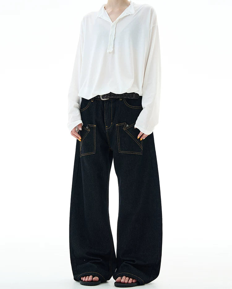 Wide-Leg Contrast Stitch Denim