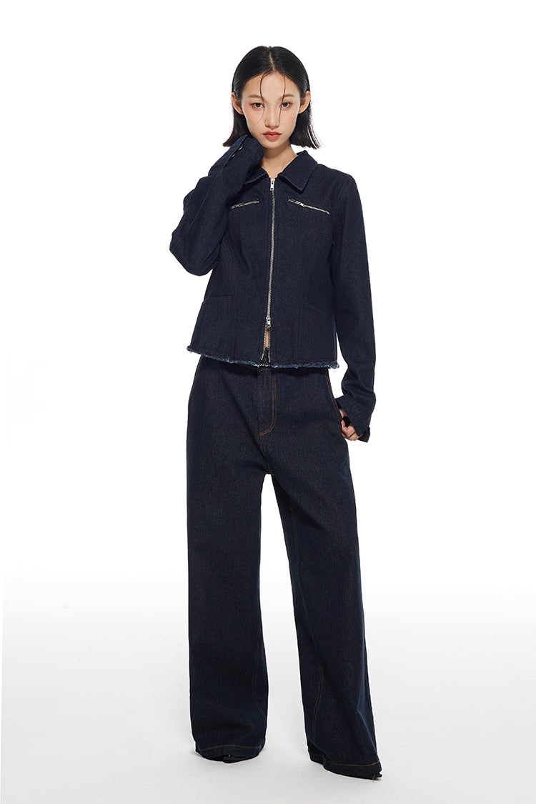 Double Zipper Distressed Denim Jacket