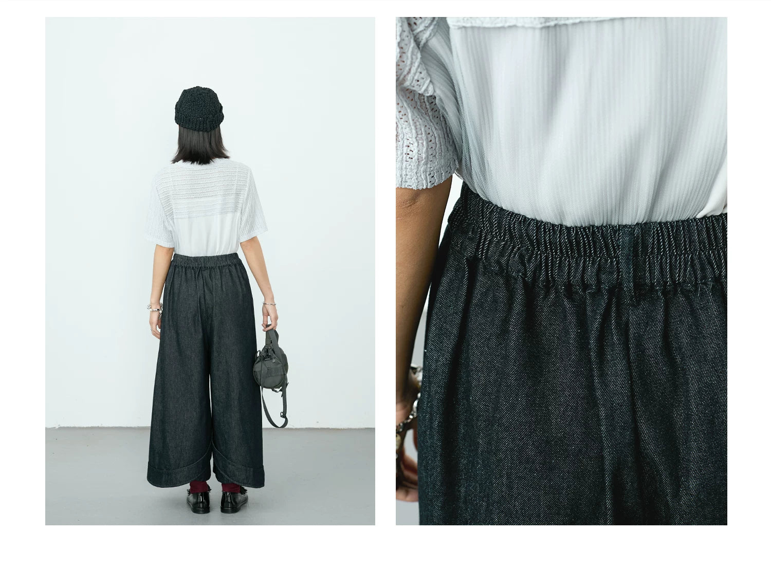 Curved Seam Wide-Leg Denim Trousers