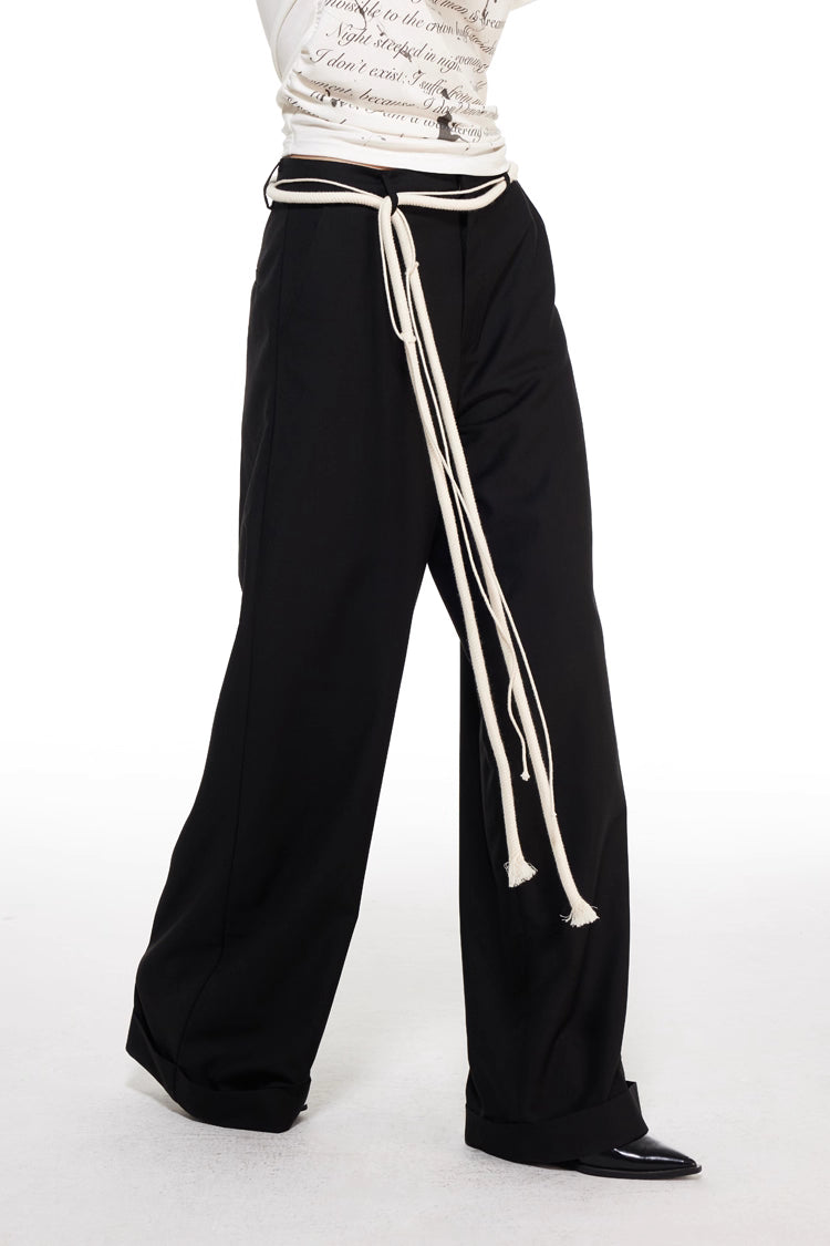 Wide-Leg Trousers with Cord Belt in Black Ink