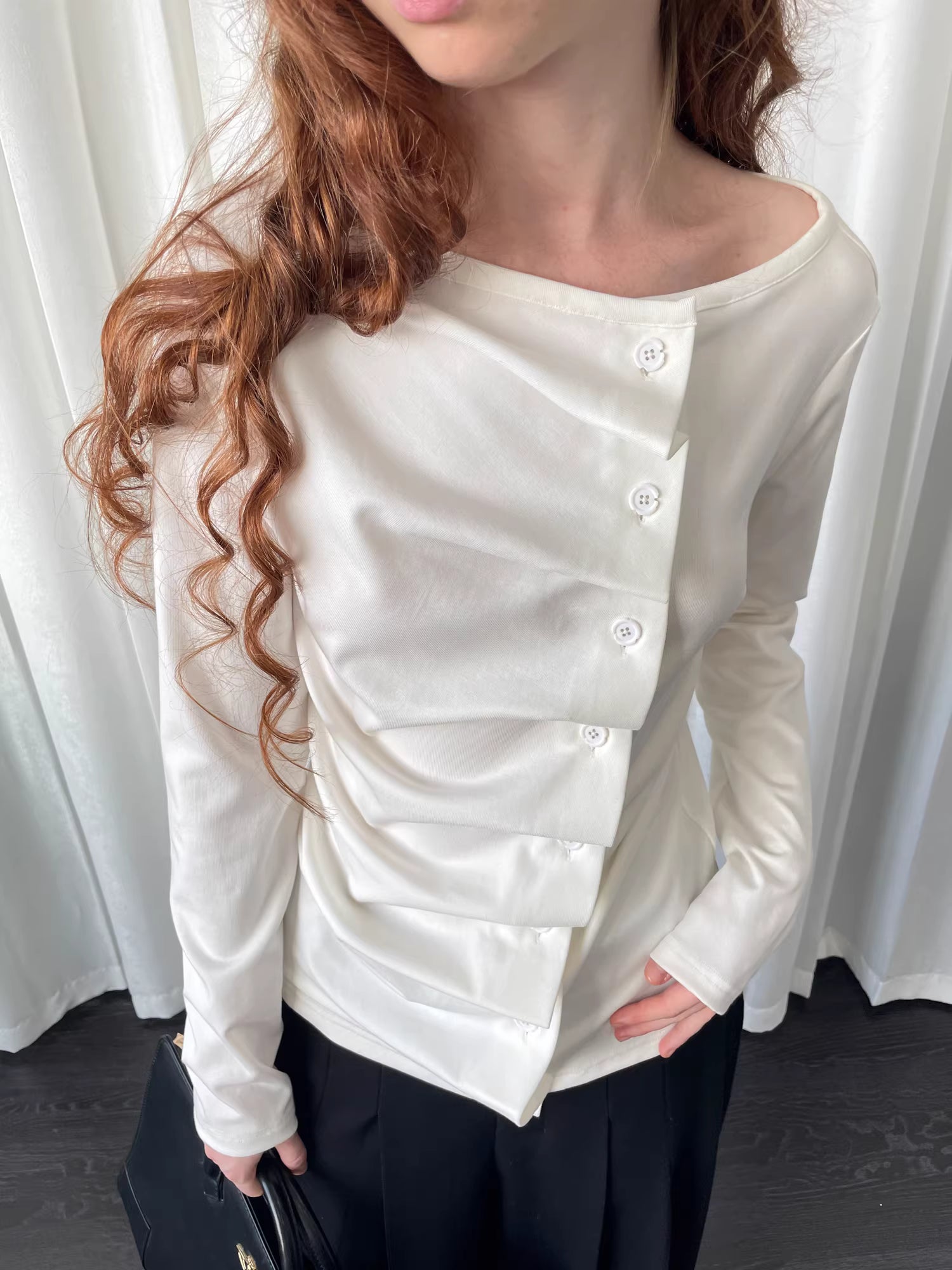 Linear Fold Placket Long Sleeve Top