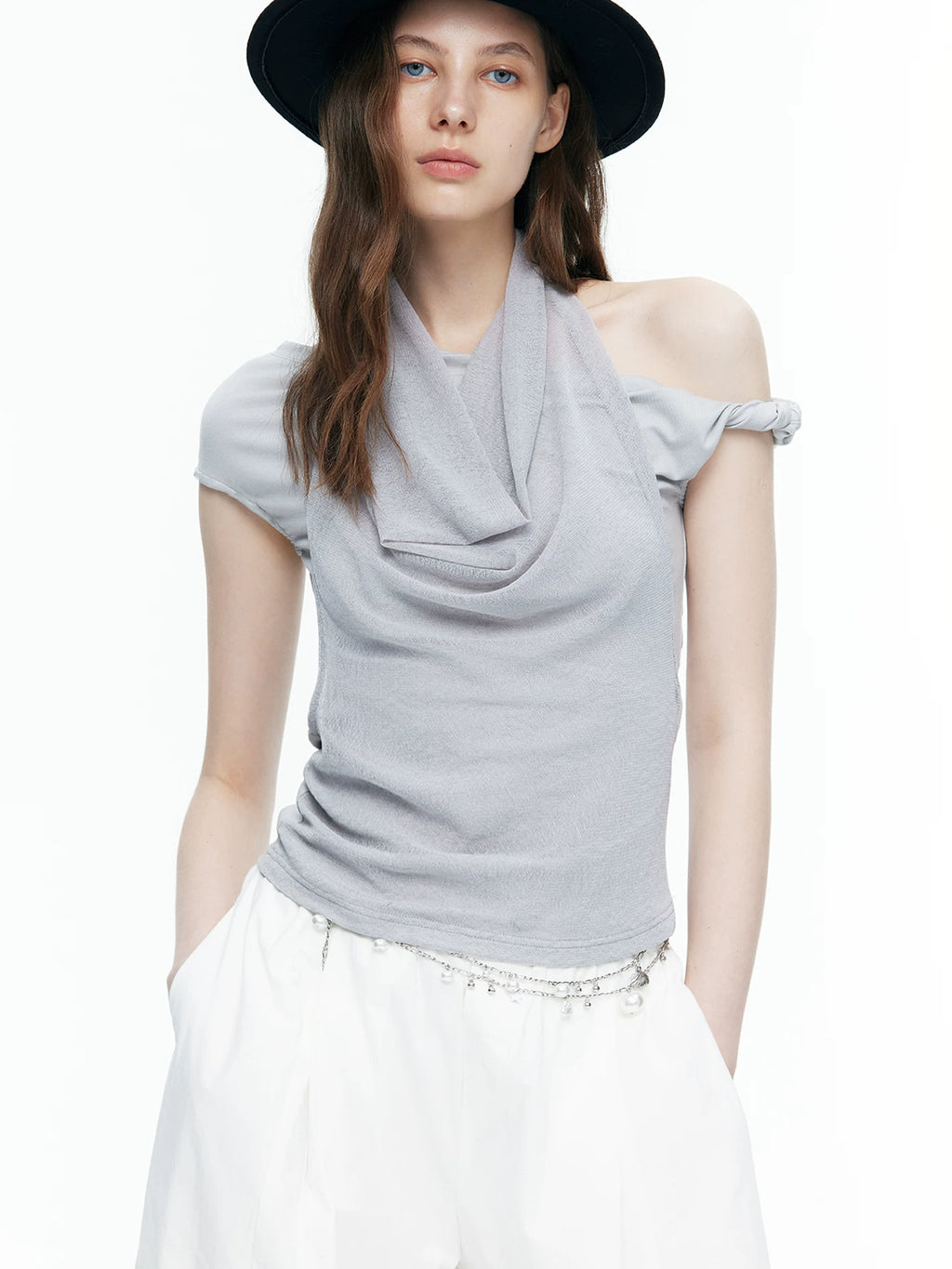 Asymmetric Scarf-Neck Knit Top