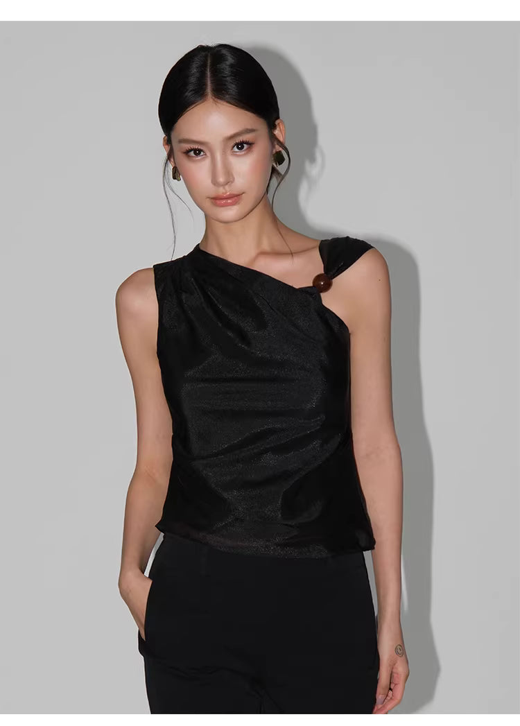 Beaded One Shoulder Top in Black Ink or White