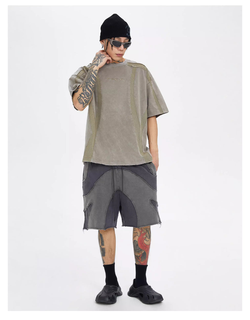 Spliced Short-Sleeve Shirt in Two Tones