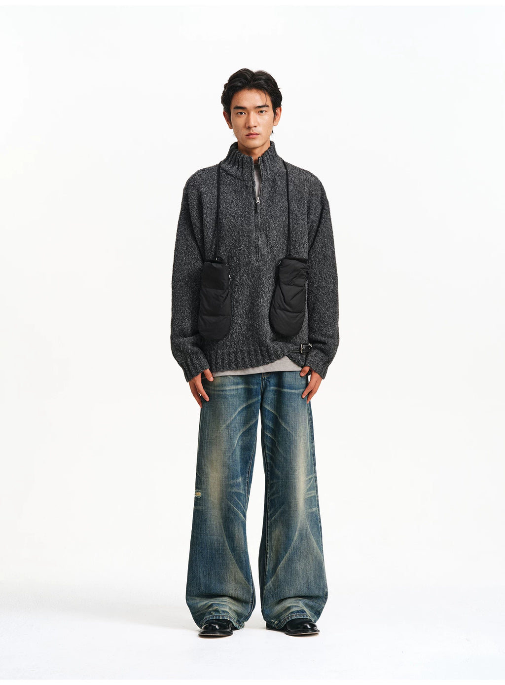 Textured Bouclé Half-Zip Knit – Charcoal