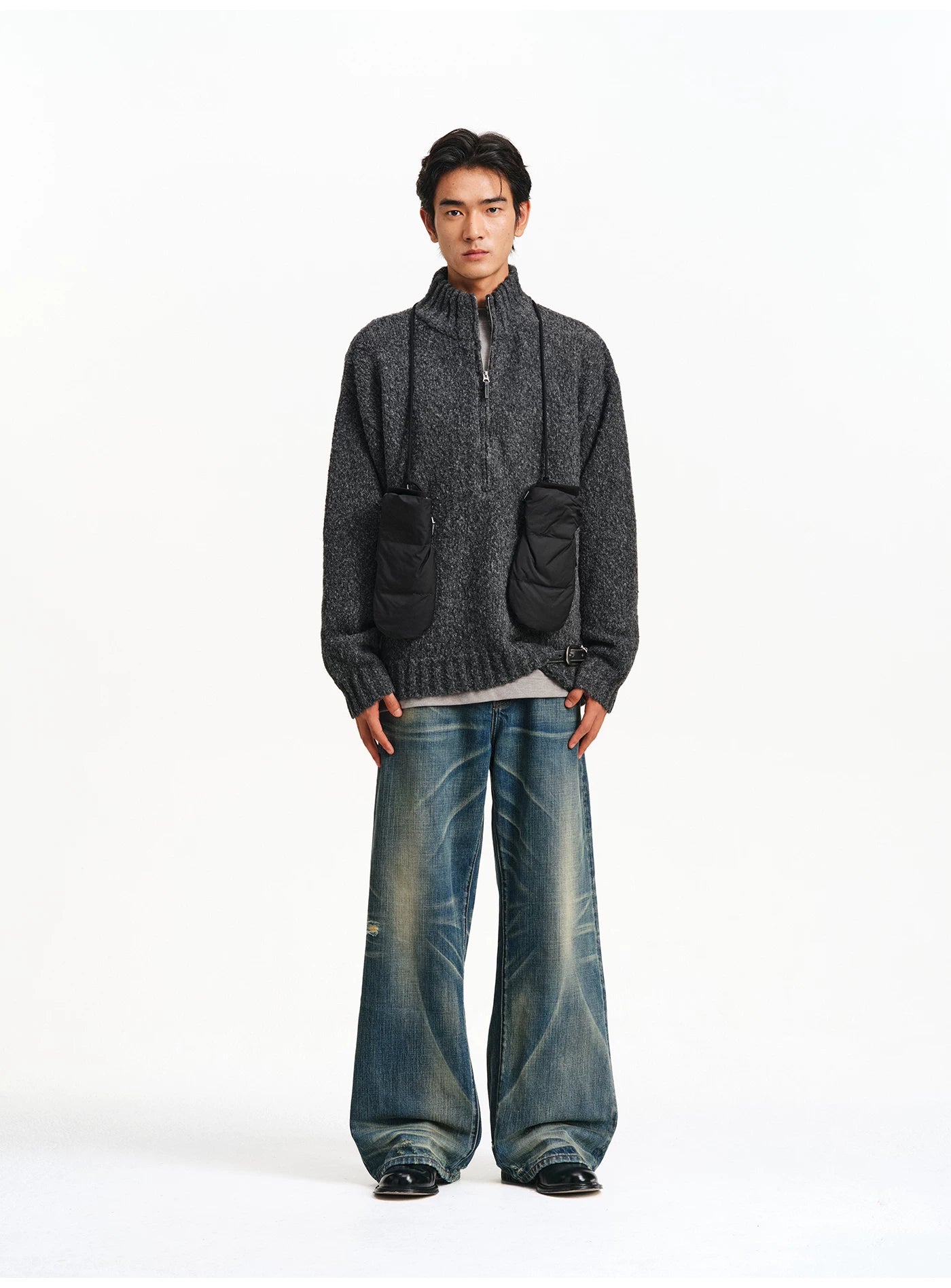 Textured Bouclé Half-Zip Knit – Charcoal