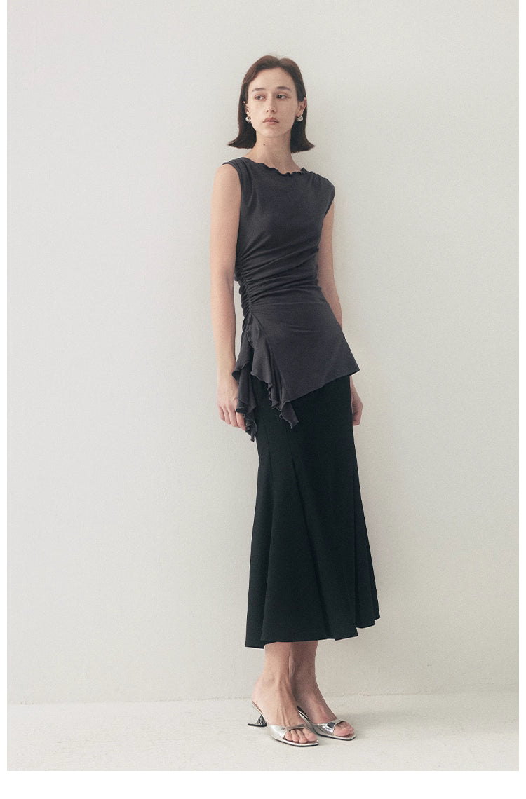 Ruffled Knit Top in Charcoal or Beige