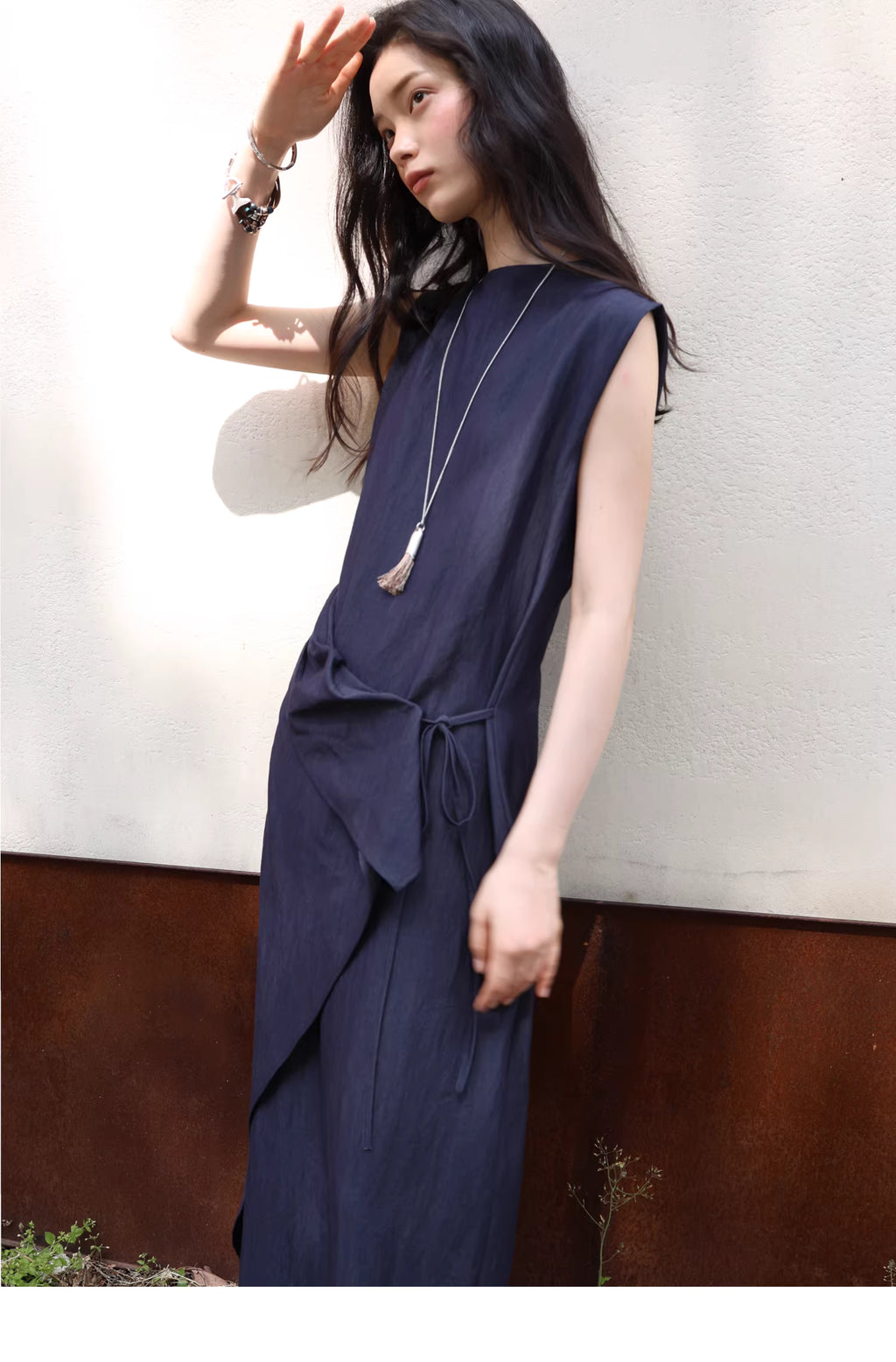 Sculptural Indigo Side-Tie Maxi Dress