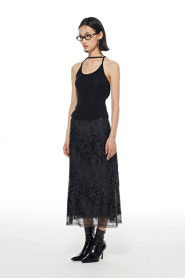 Sequin Lace Midi Skirt