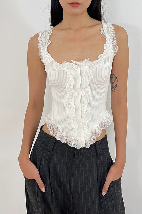 Lace Trim Pointelle Corset Tank