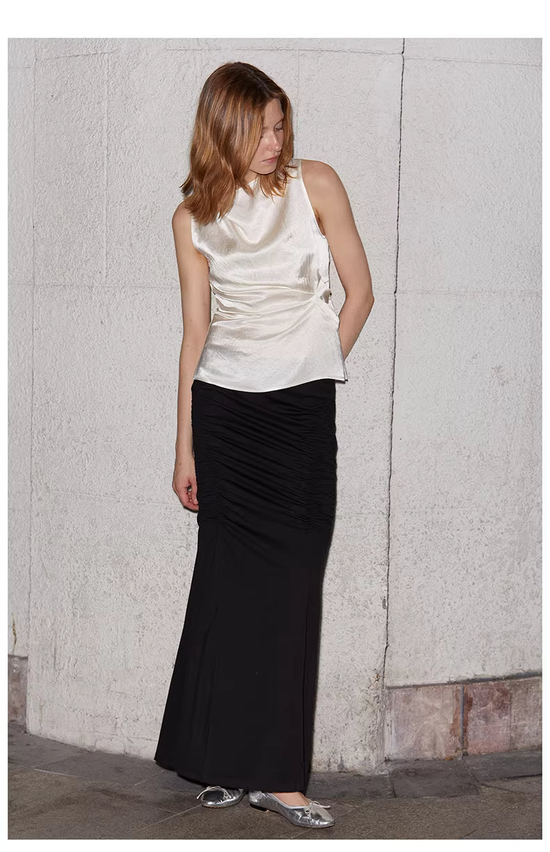 Crinkled Satin Cowl-Neck Top with Button-Back Detail