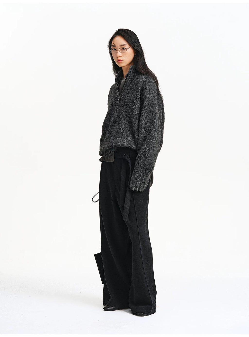 Textured Bouclé Half-Zip Knit – Charcoal