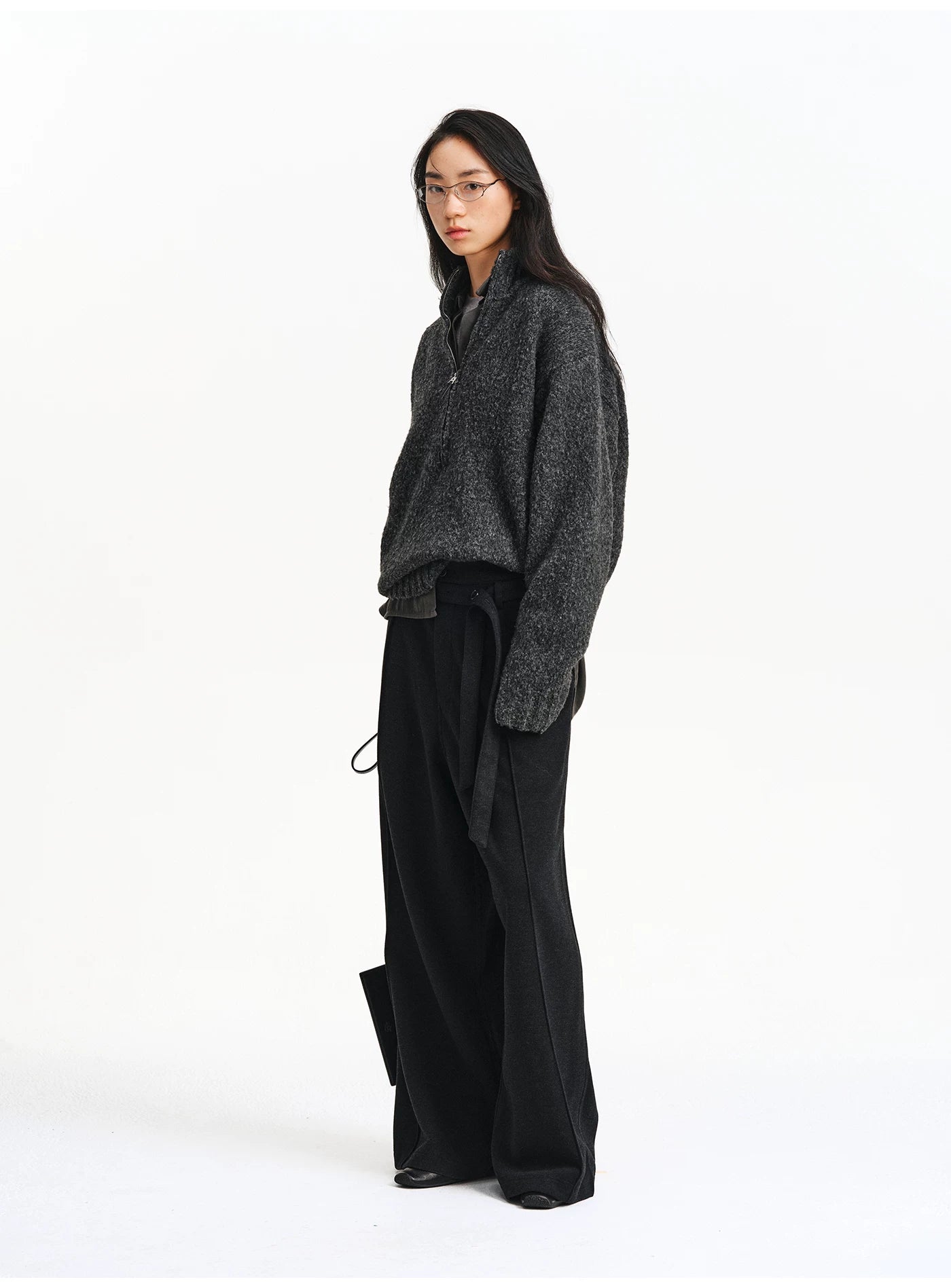 Textured Bouclé Half-Zip Knit – Charcoal