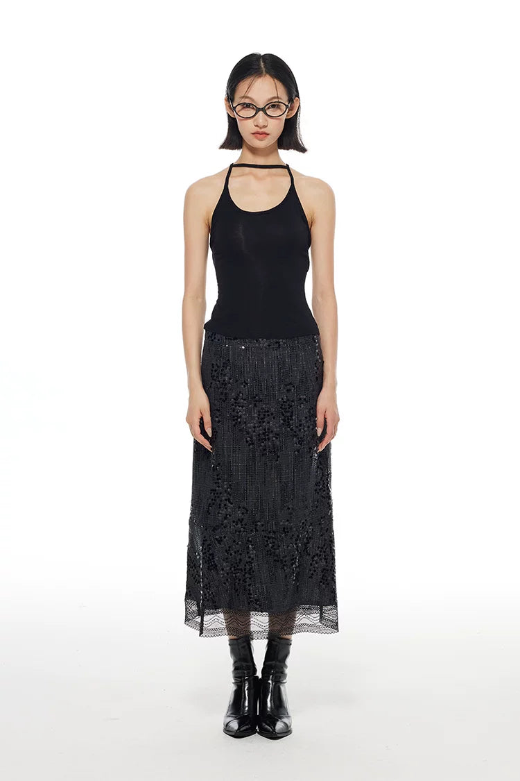 Sequin Lace Midi Skirt