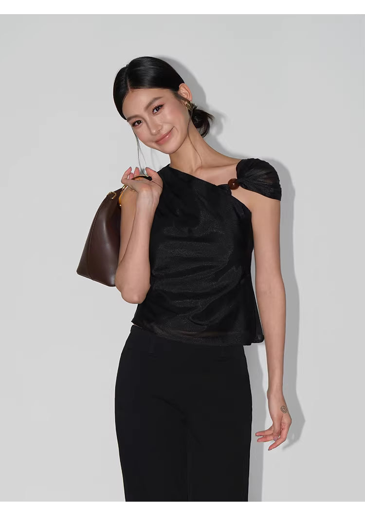 Beaded One Shoulder Top in Black Ink or White