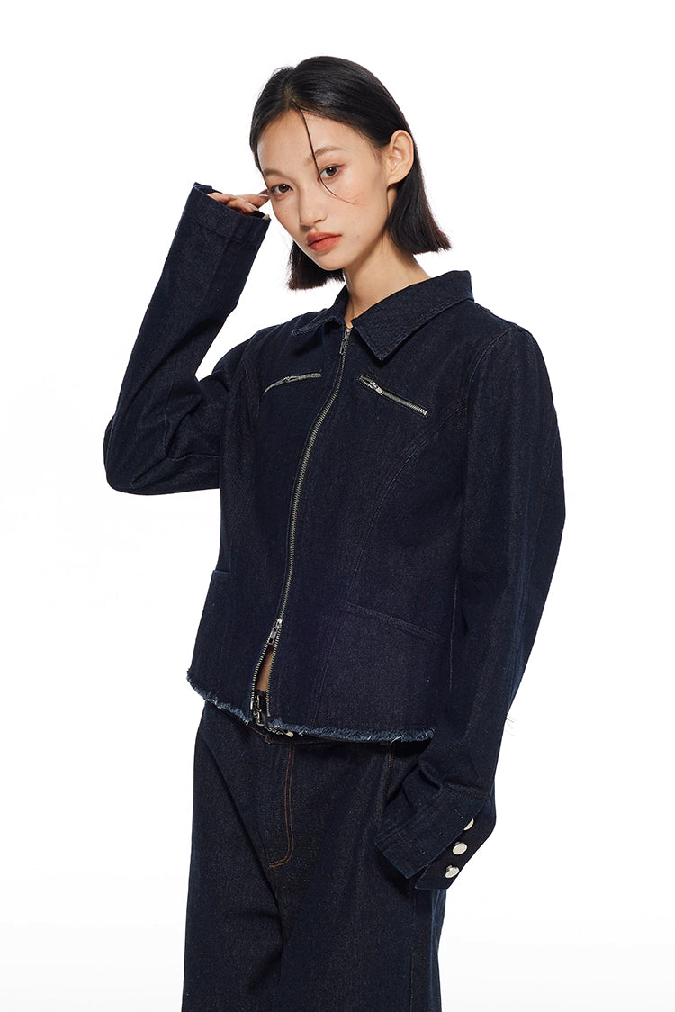 Double Zipper Distressed Denim Jacket