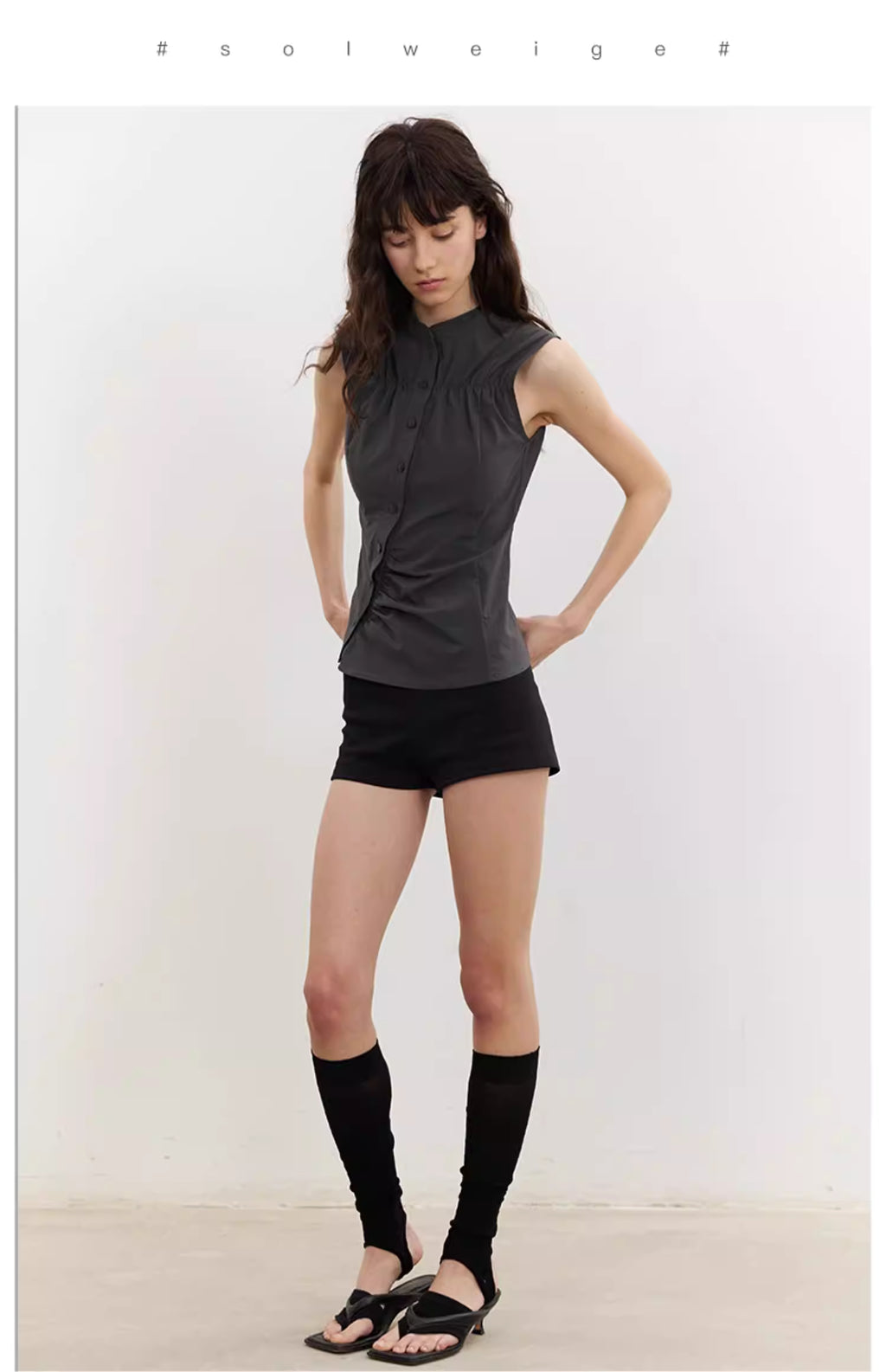 Asymmetric Button Blouse in Beige or Charcoal