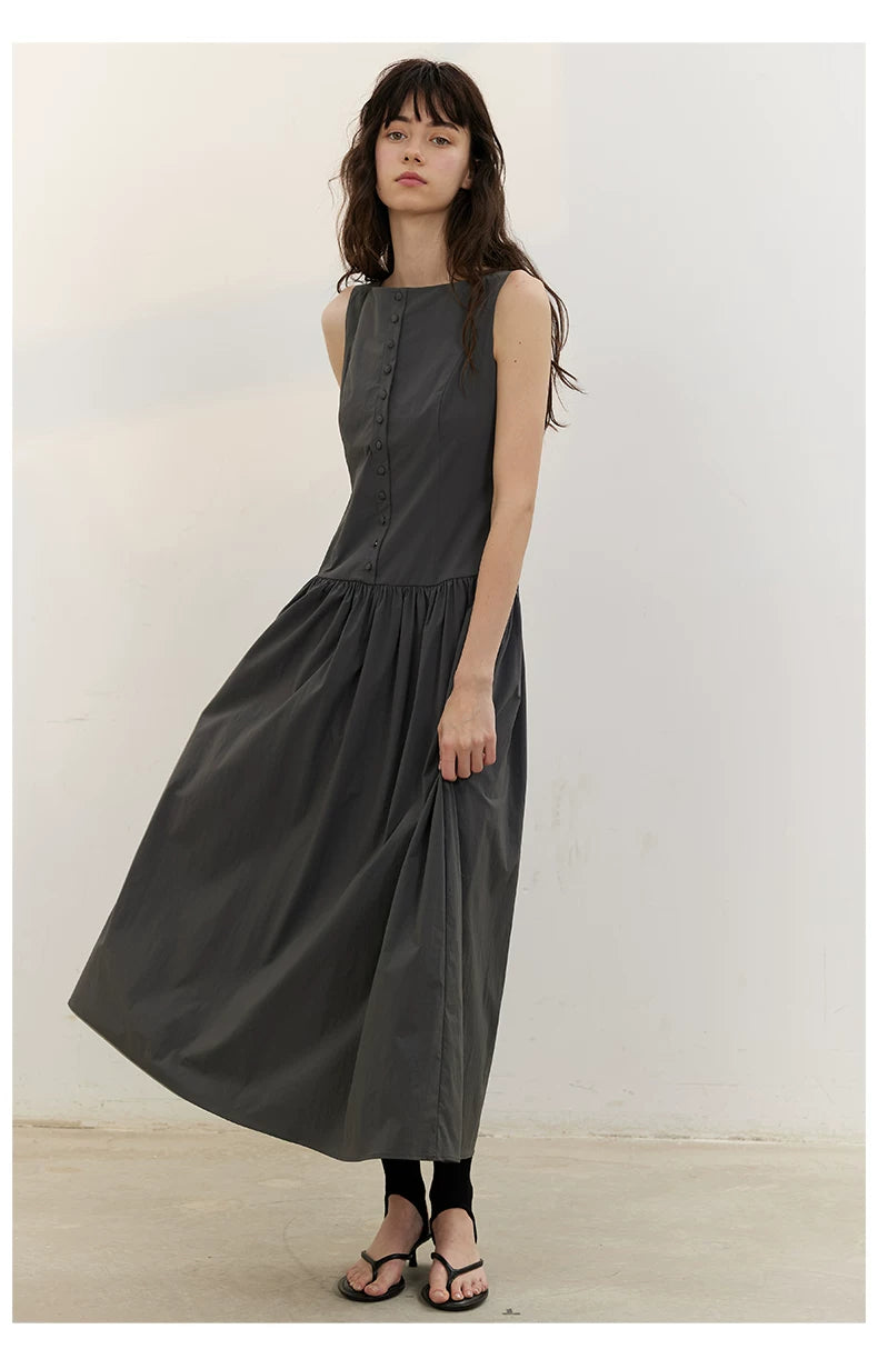 Buttonfront Gathered Maxi Dress