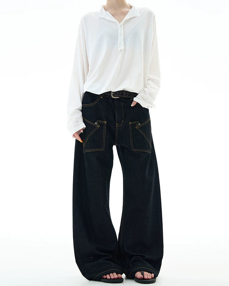 Wide-Leg Contrast Stitch Denim