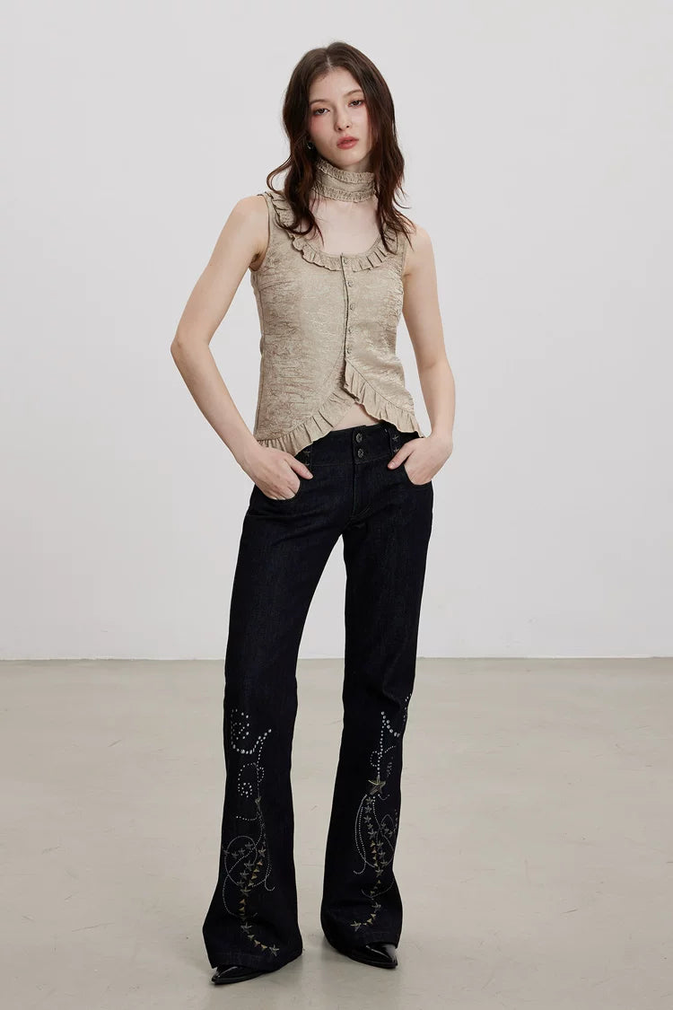 Washed Brocade Ruffle Choker Top