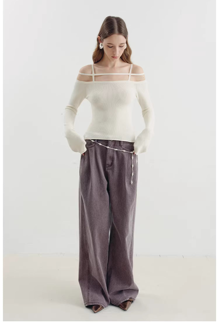 Geometric Strap Knit Long Sleeve Top