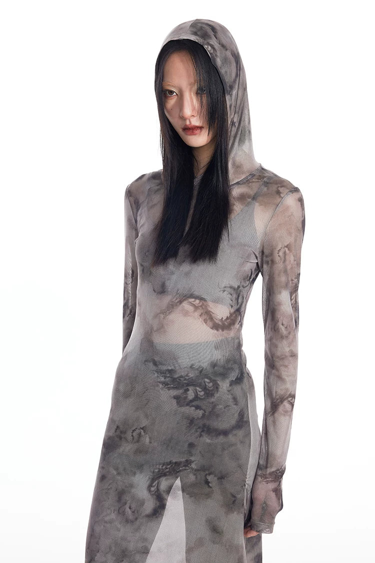 Dragon Veil Hooded Mesh Maxi Dress