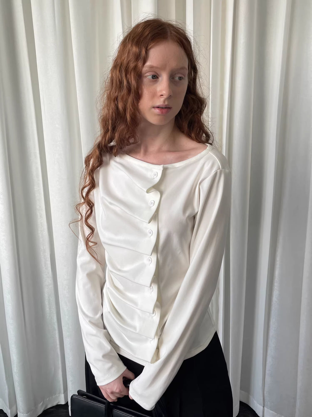 Linear Fold Placket Long Sleeve Top
