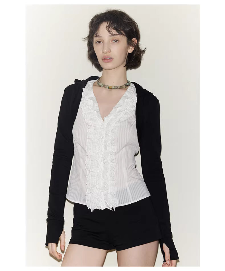 Ruffle Bodice Pinstripe Blouse