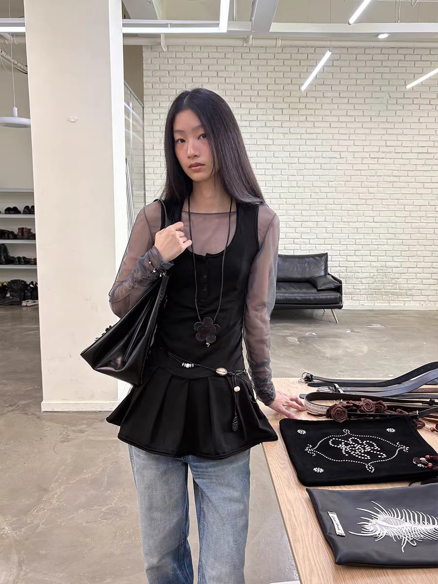 Henley Collar Camisole Mini Skirt Vest