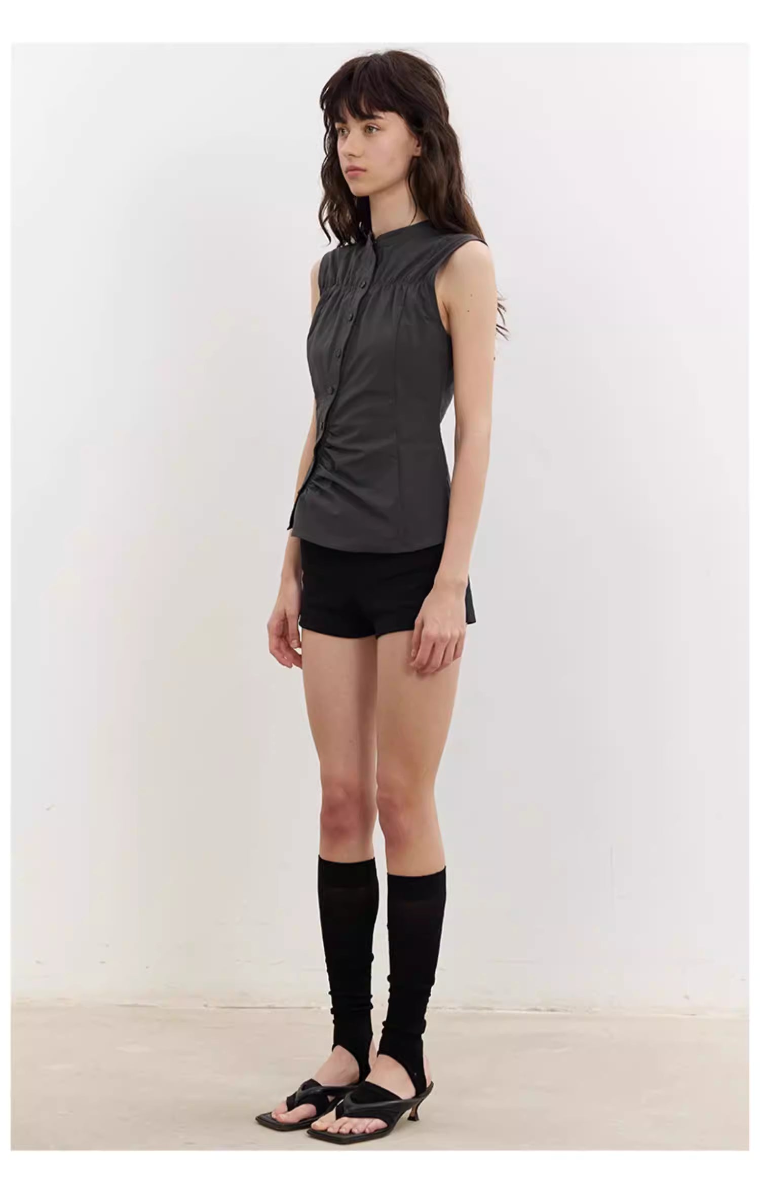 Asymmetric Button Blouse in Beige or Charcoal