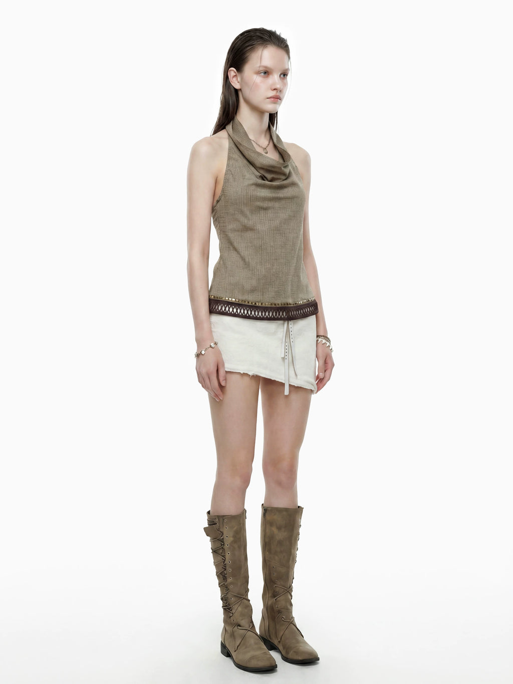 Studded Check Cowl Halter Top