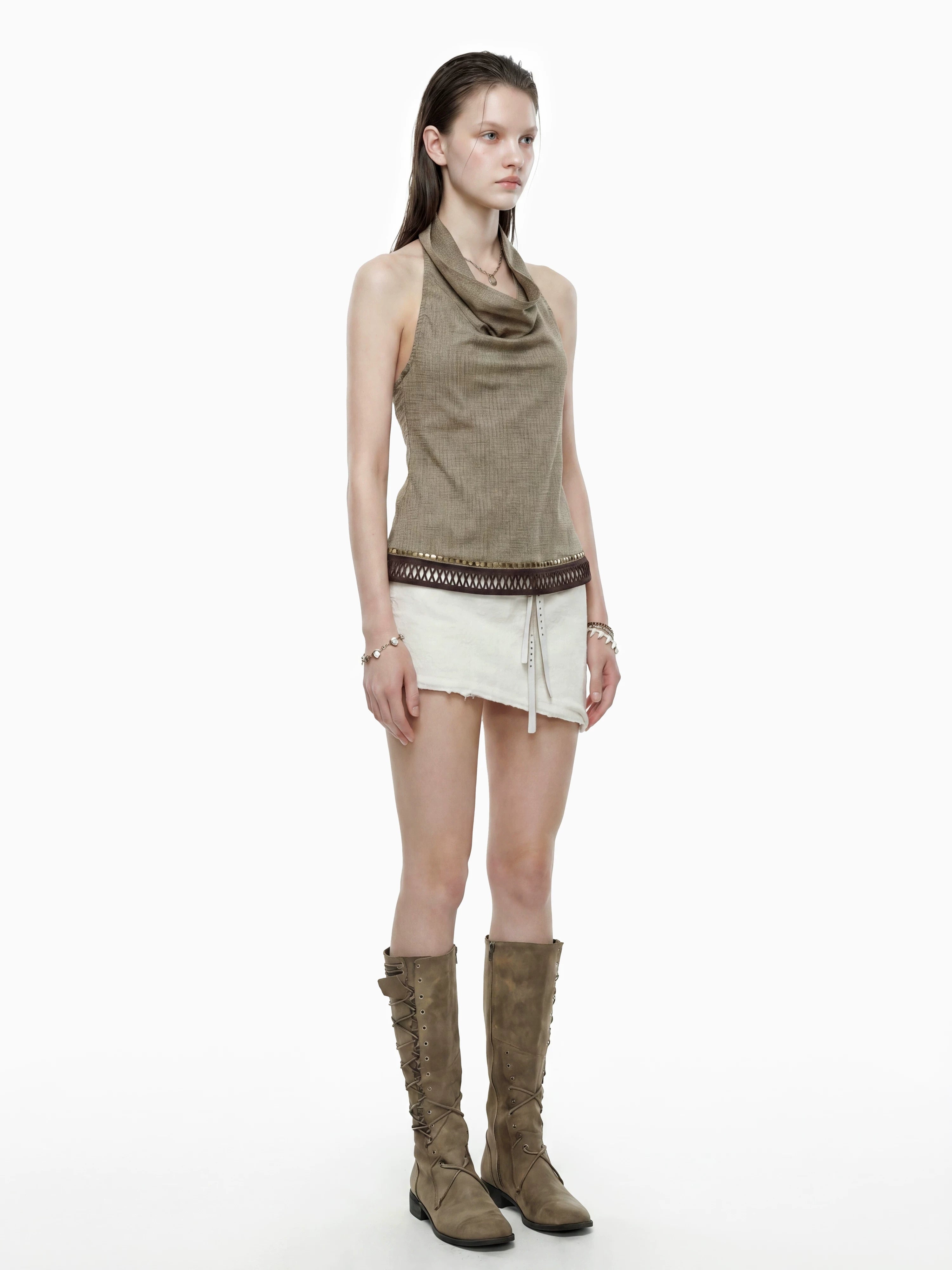 Studded Check Cowl Halter Top