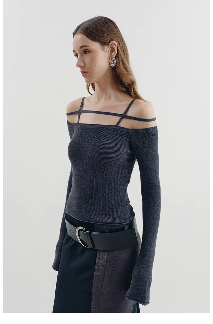 Geometric Strap Knit Long Sleeve Top