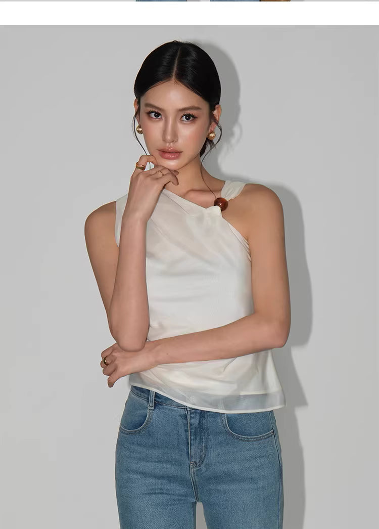 Beaded One Shoulder Top in Black Ink or White