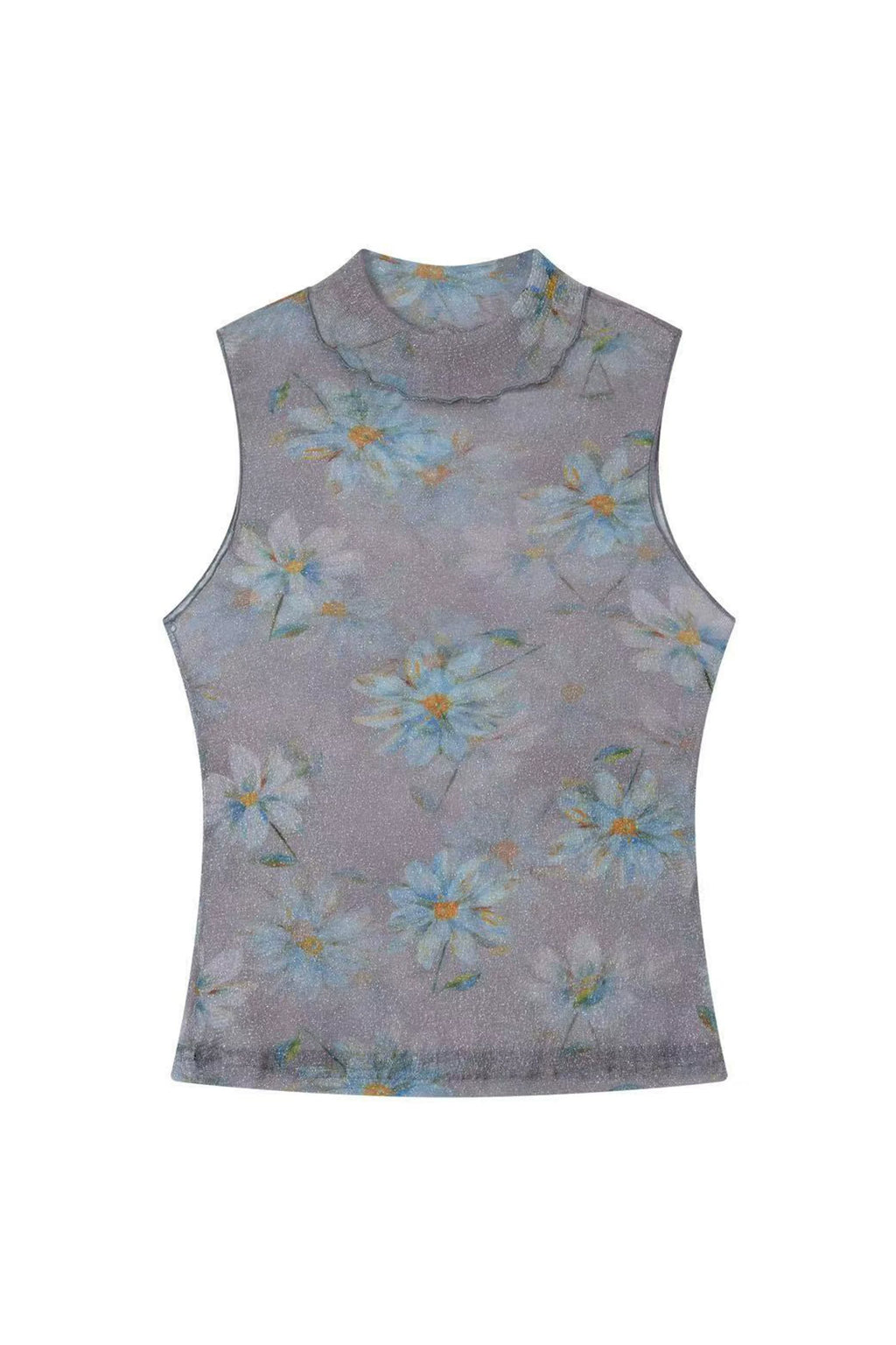 Floral Shimmer Mesh Mock Neck Tank