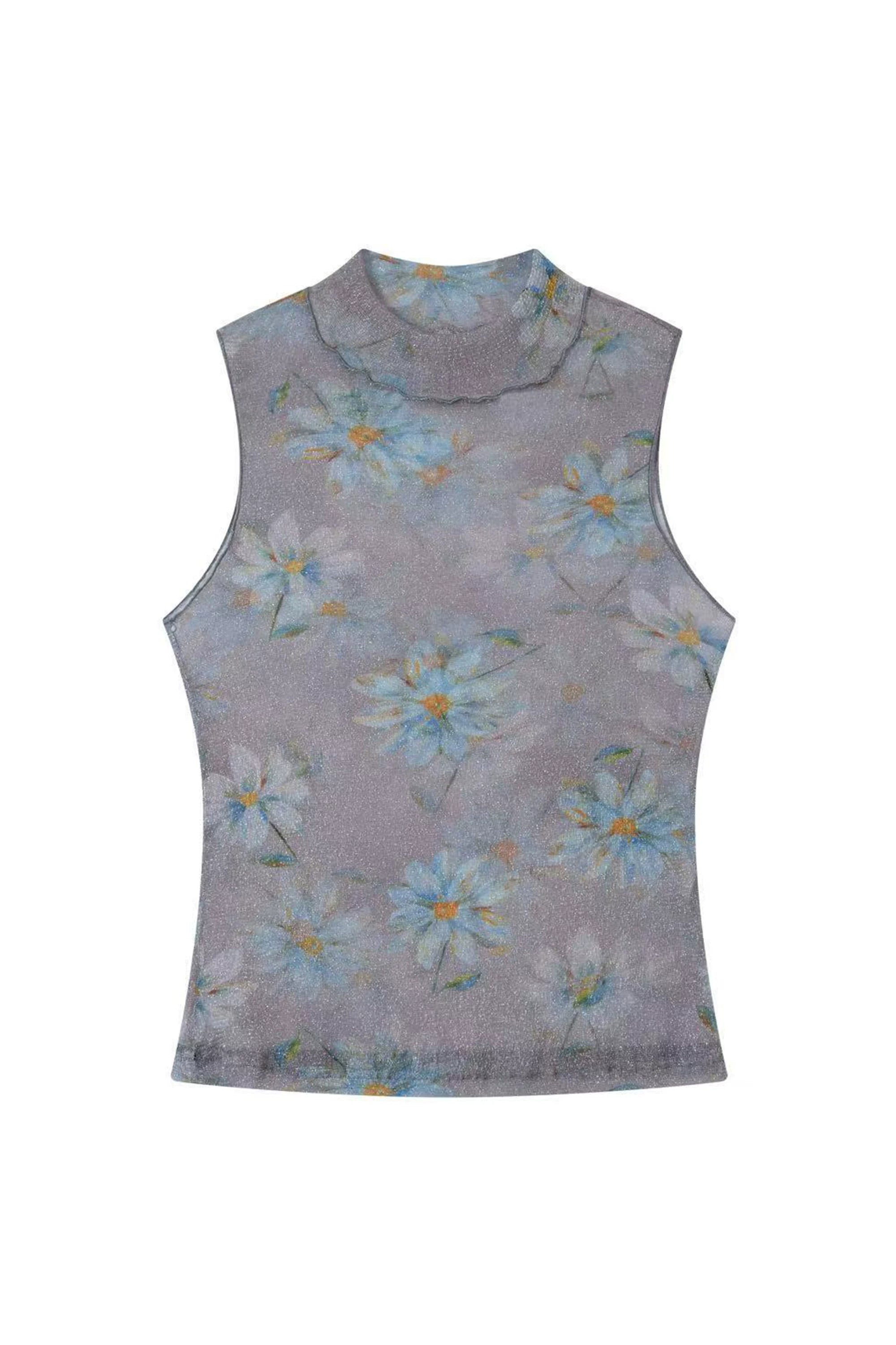 Floral Shimmer Mesh Mock Neck Tank