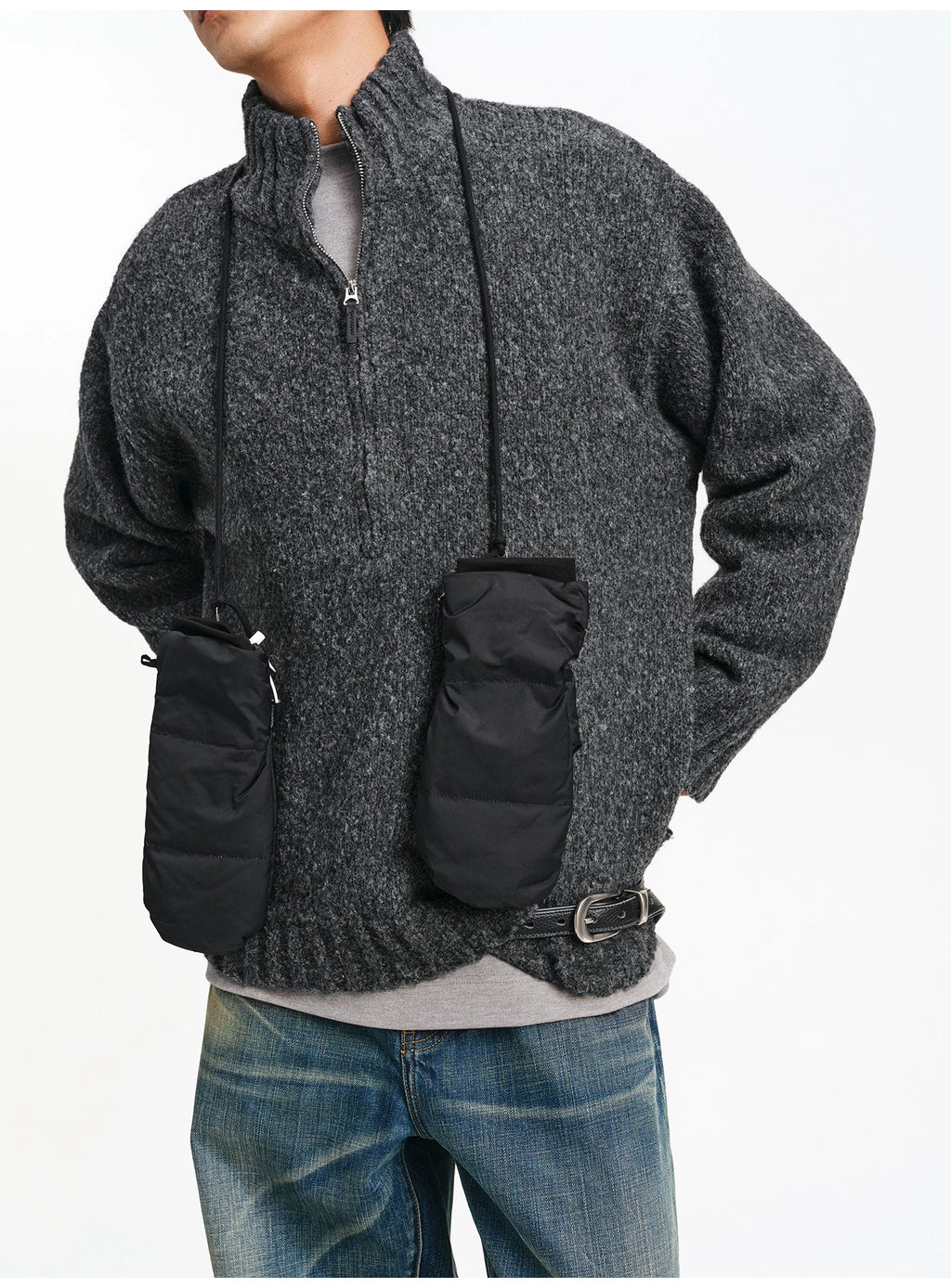 Textured Bouclé Half-Zip Knit – Charcoal